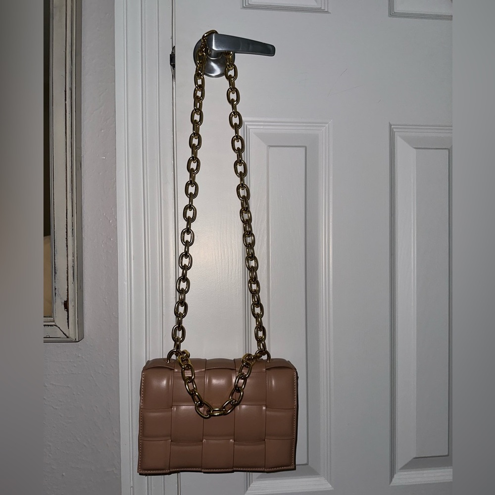 Tan Quilted Purse with Gold Chain